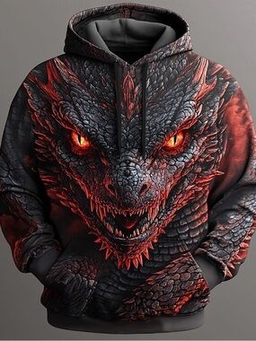 NWT Ouku Men's Gamer Black & Red Dragon Face Pullover Hoodie Size Medium